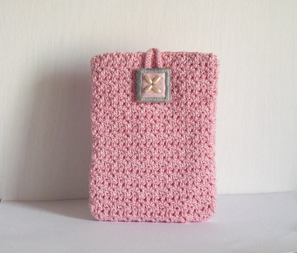 Pink and grey cotton crochet cell phone case/ iphone case