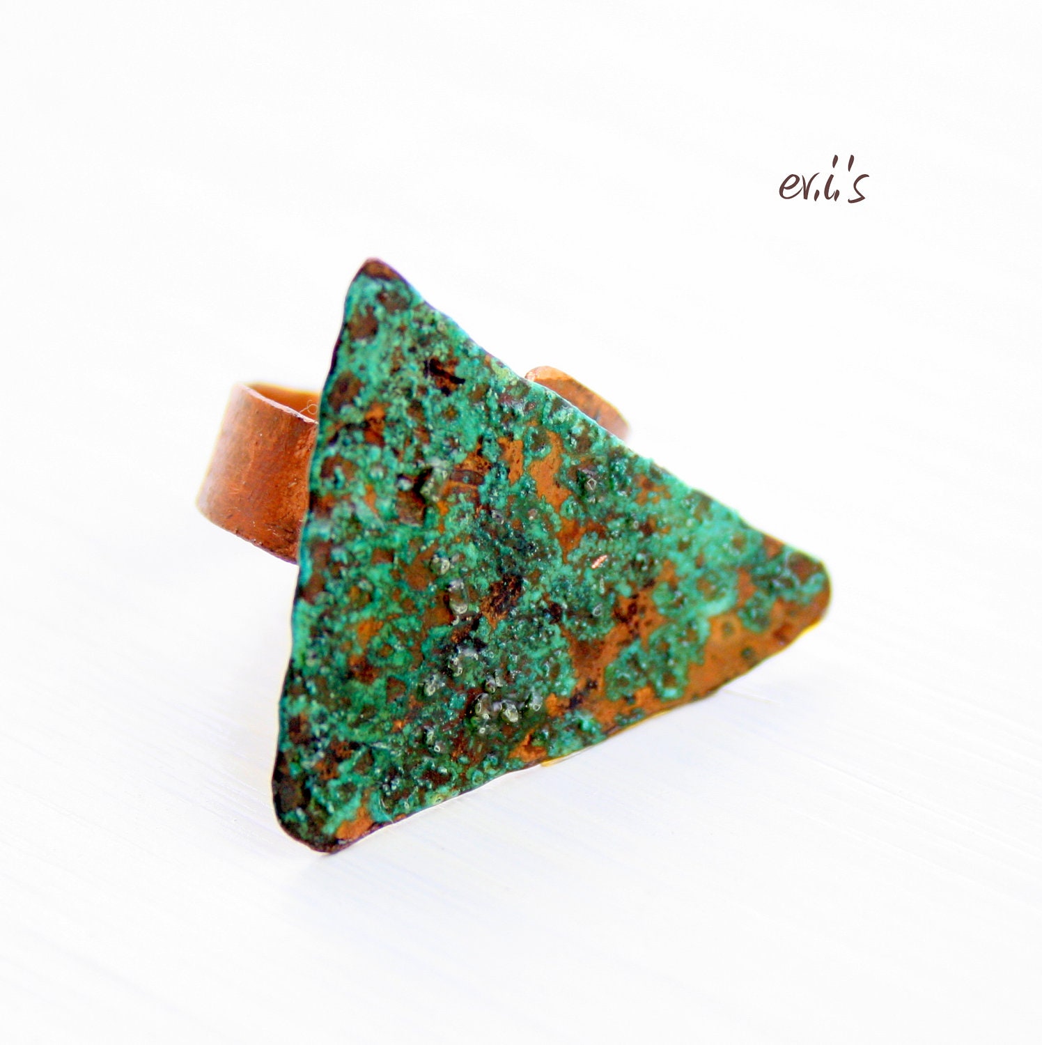 Green Patina Copper Triangle Handcrafted Eco Friendly Soldered Metalwork Artisan Bohemian Adjustable Novelty Statement Ring Gift for Her