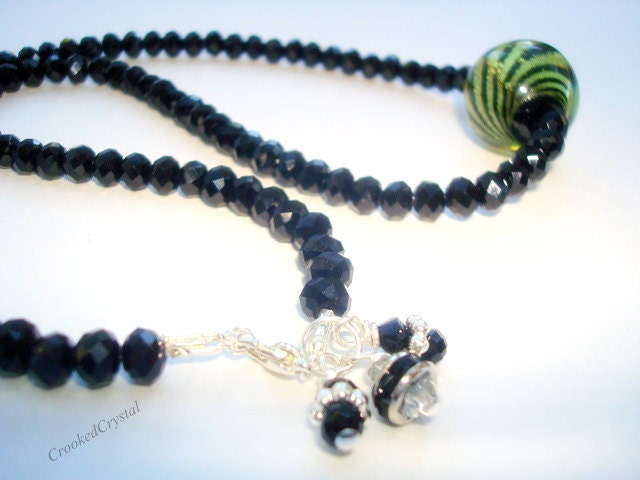 Necklace - Black - Czech Glass - Green - Swarovski - Sparkle -  Beadwork  -  Free Shipping in the USA