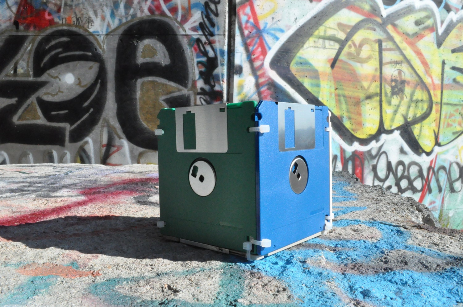 Blue, Green, and Tan Floppy Disk Pencil Holder For the Eco-Chic Nerd or Geek