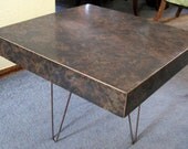 Vintage Early Mid-Century Black & Brown Laminate Wood Wrought Iron Hairpin Leg Coffee Table