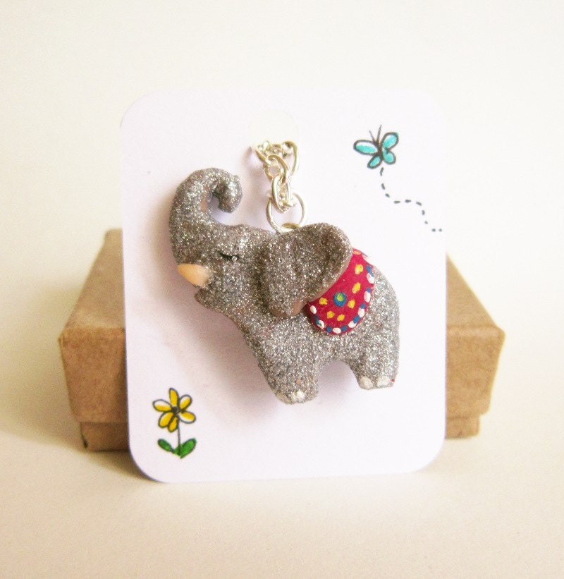 Elephant necklace, Silver Glitter, polymer clay elephant totem