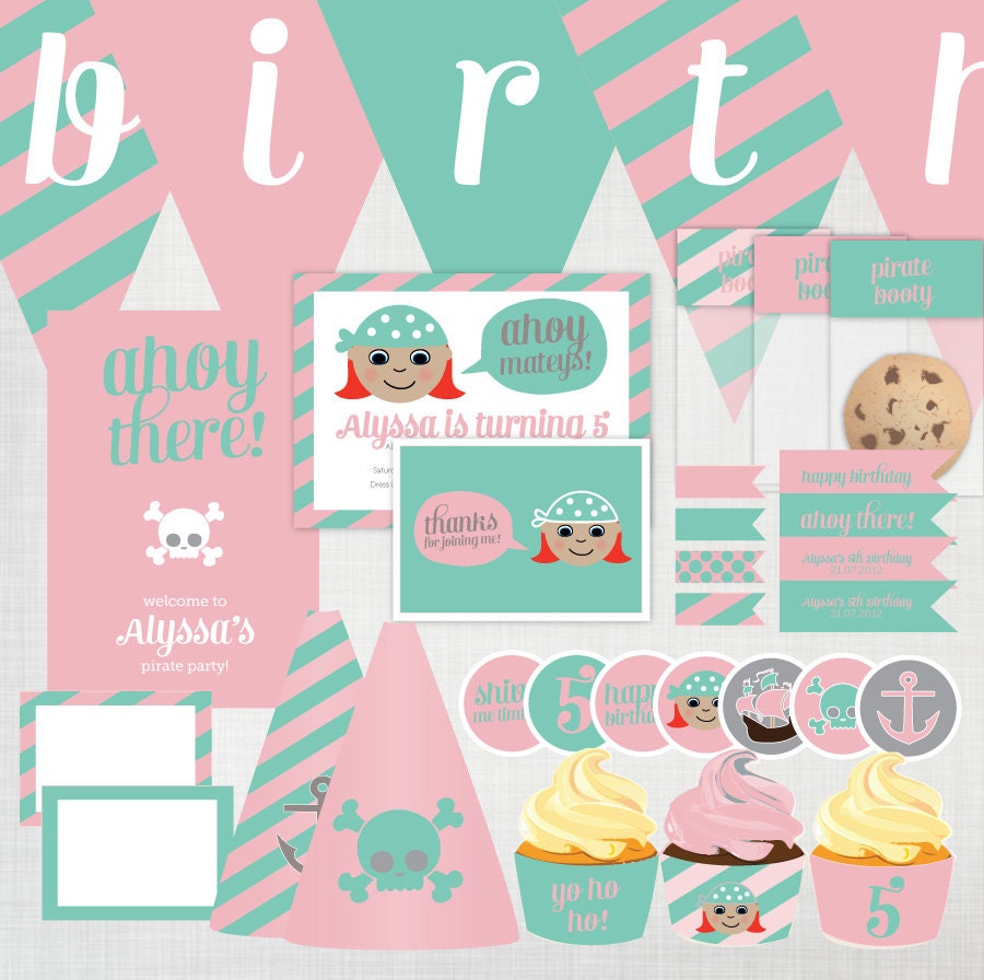 DIY Girls Pirate Party Decoration and Invitation Pack : more than 30 printable PDF pages