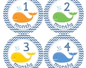 Monthly Onesie Stickers for Baby Boys... Light Blue Chevron and Whales...Favorite Baby Shower Gift for New Moms