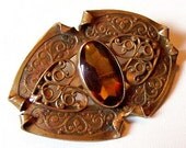 Art Nouveau Vintage Brooch Pin Golden Topaz Glass Stone Etched Heart Design 2.5" VG