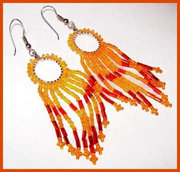 Vintage Earrings Dangle Style Orange Glass Bead Fringe Silver French Hooks 3 3/4" VG
