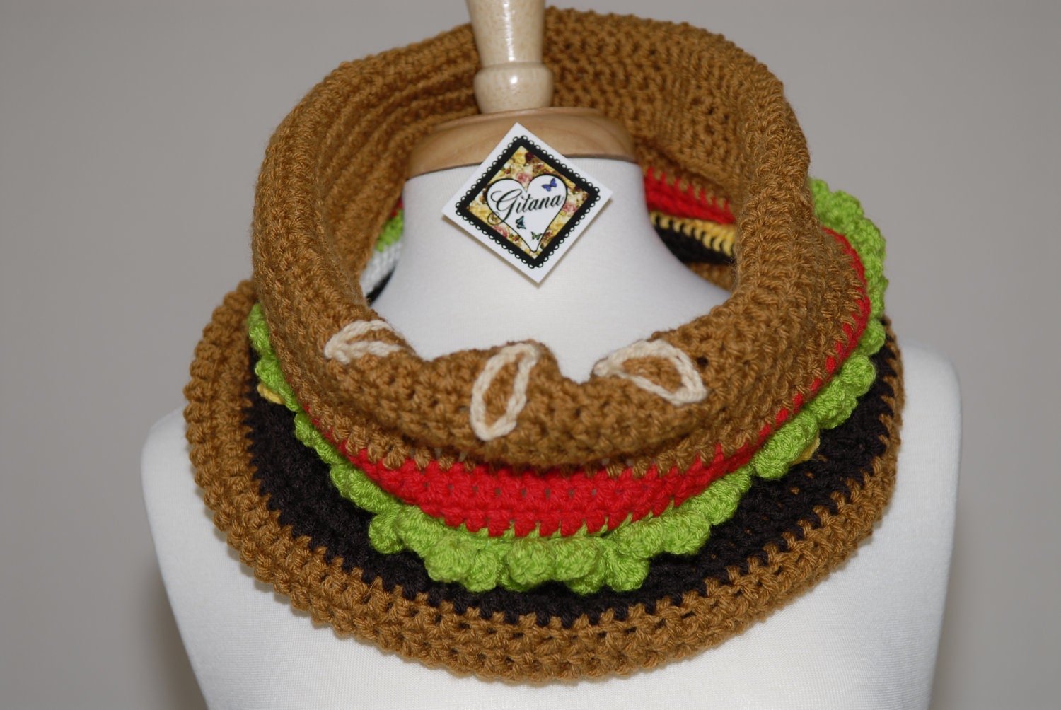 Burger Crochet Cowl- Food Scarf- Crochet Scarf- Women Scarf -Kawaii- Unique Scarf- Neck Warmer