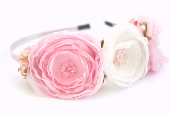 HUGE SALE - Ivory and Pink Lollipop Flower Headband Shabby Chic Flower Hair Accessory Women Headband Wedding Flower Girl Headpiece