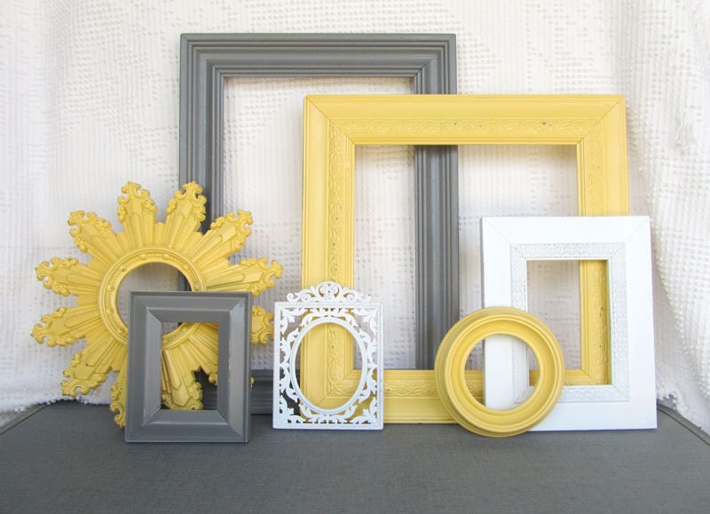 Yellow, Grey White Ornate Vintage Open Frames Set of 7 - Upcycled Frames Modern  Bedroom Decor