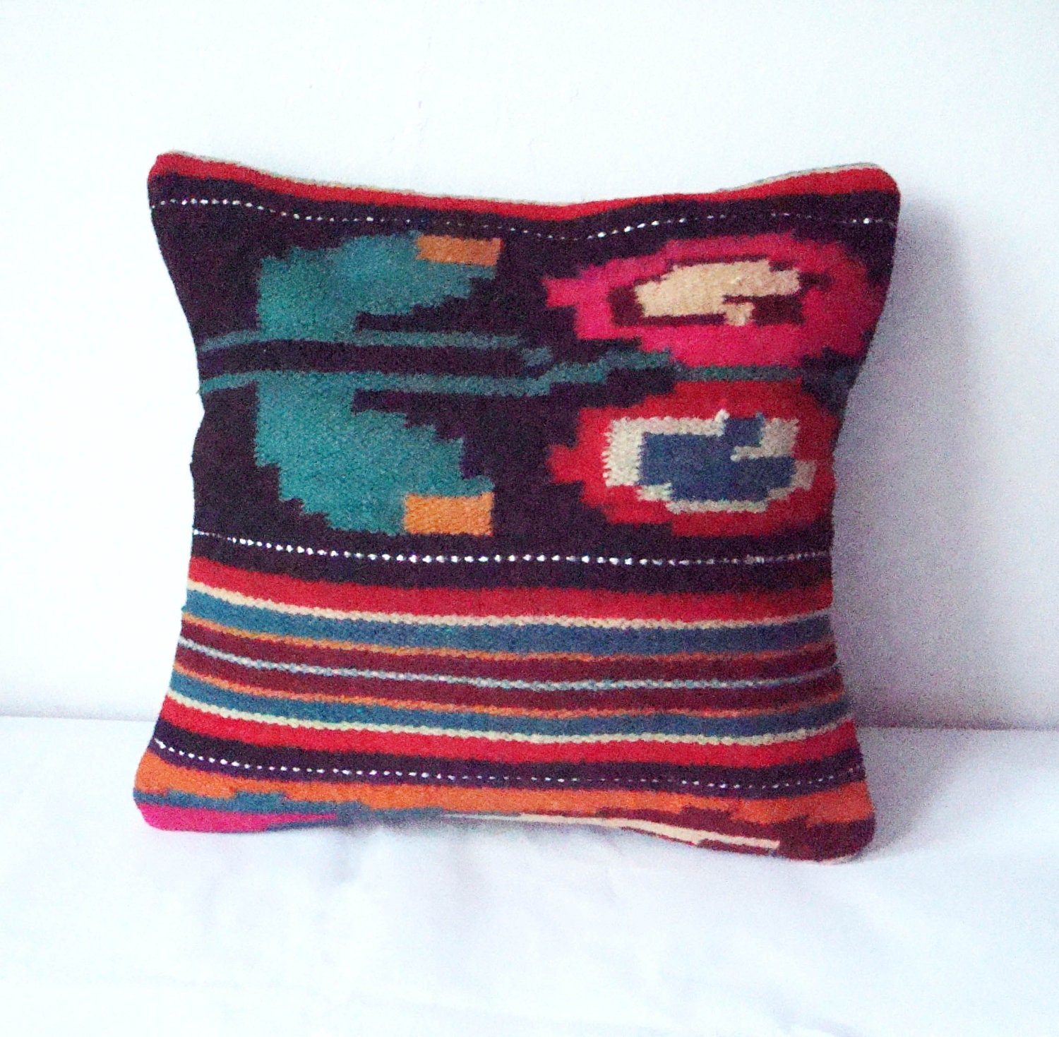 Kilim Pillow Cover - Bright Stripes and flower - Romanian kilim rug pillow case, upcycled kilim rug - throw pillow decorative pillow - 16x1