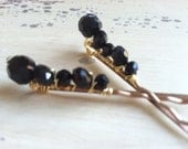 Black beaded bobby pins (Set of 2) with rhinestone detail