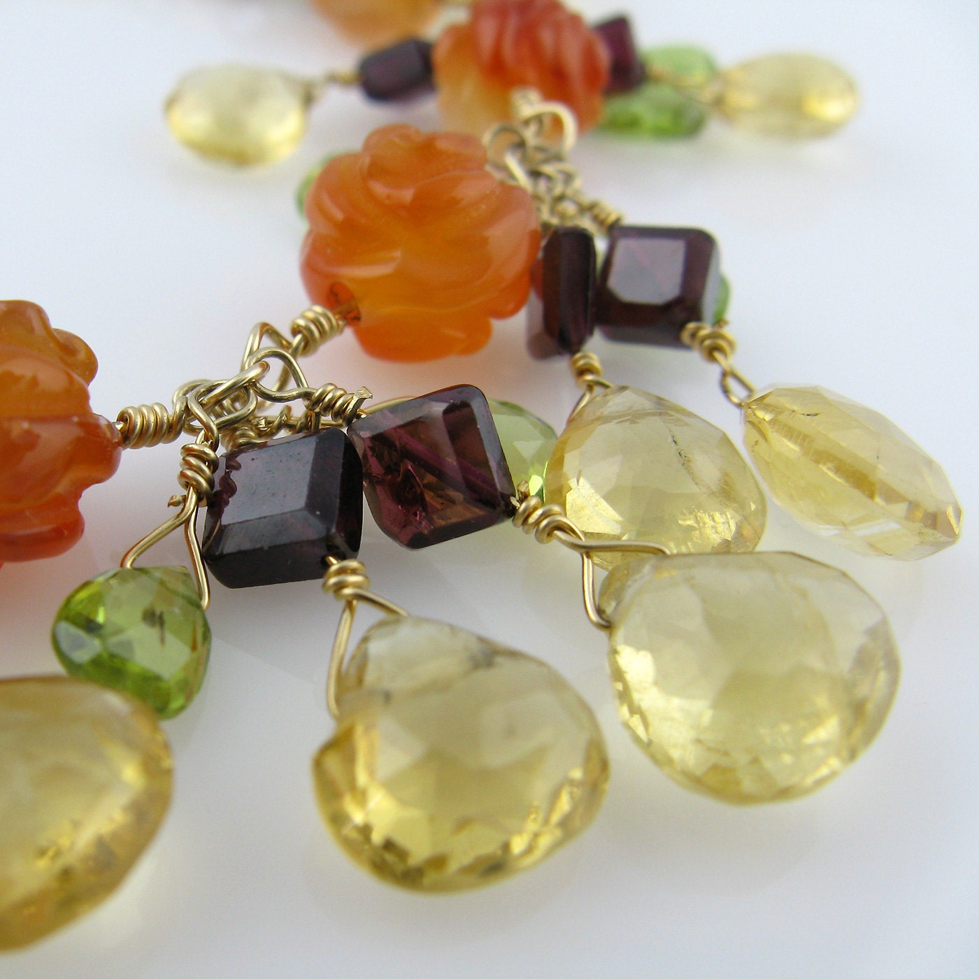 Carnelian Rose Bracelet With Citrine, Garnet And Peridot Dangles