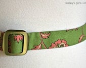 1960s Green Belt - with pink flower details fabric with plastic buckle // "Glorious Green" from Lesley's Girls Vintage