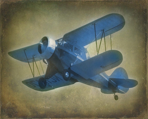 Vintage Antique Blue Gray Airplane Art Print - Nursery Boy Childrens Room Decor Aviation Biplane Flying Gray Photograph