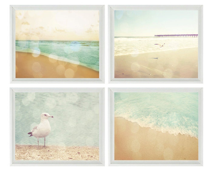 Beach Art Print Set - SALE 25% OFF - Bokeh Aqua Beach House Wall Art Home Decor Pastel Ocean Bird Vintage Coastal Photographs