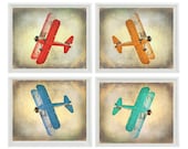 Vintage Airplane Art Print Set - SALE 25% OFF Nursery Boys Room Red Orange Aqua Blue Gray Biplane Flying Aviation Home Decor Photograph