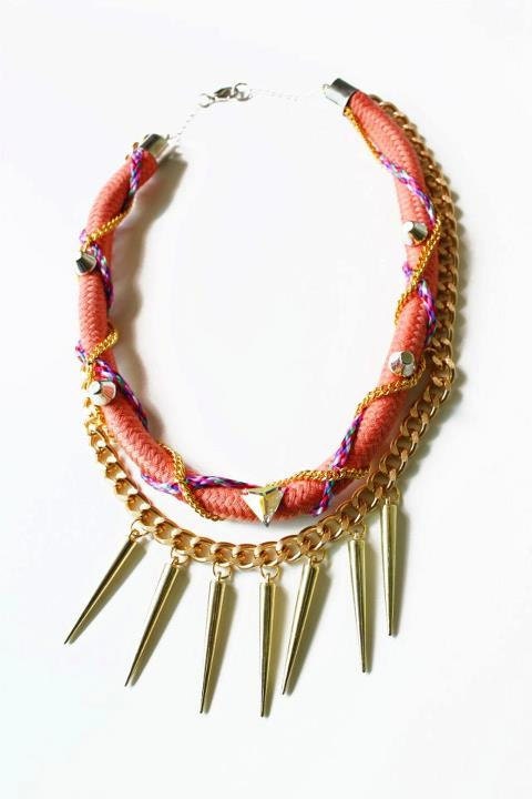Melody, Summer statement Necklace, tribal chunky spikes necklace, crystal, ropes with chains . OOAK