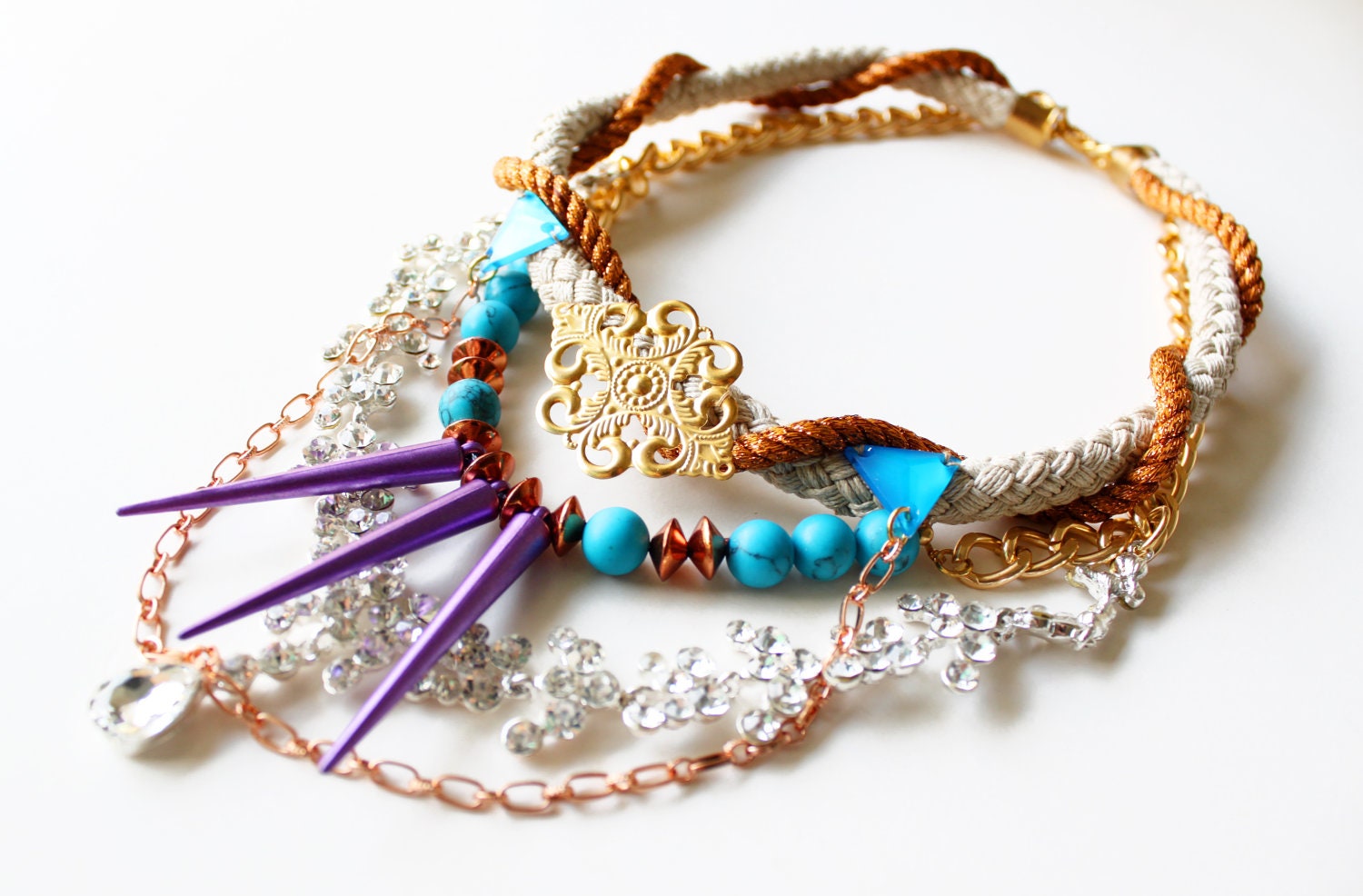 Cyanic, Bib Necklace, rhinestone, rope, neon triangle, turquoise gold purple and draping chains, OOAK statement necklace