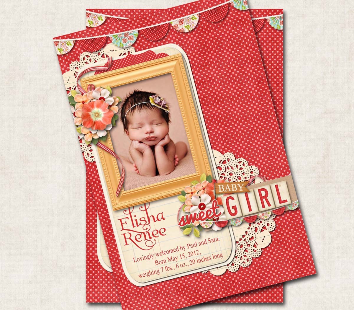 Baby Girl Birth Announcement Thank You Shower, cherry red, polka dot, floral, Digital File