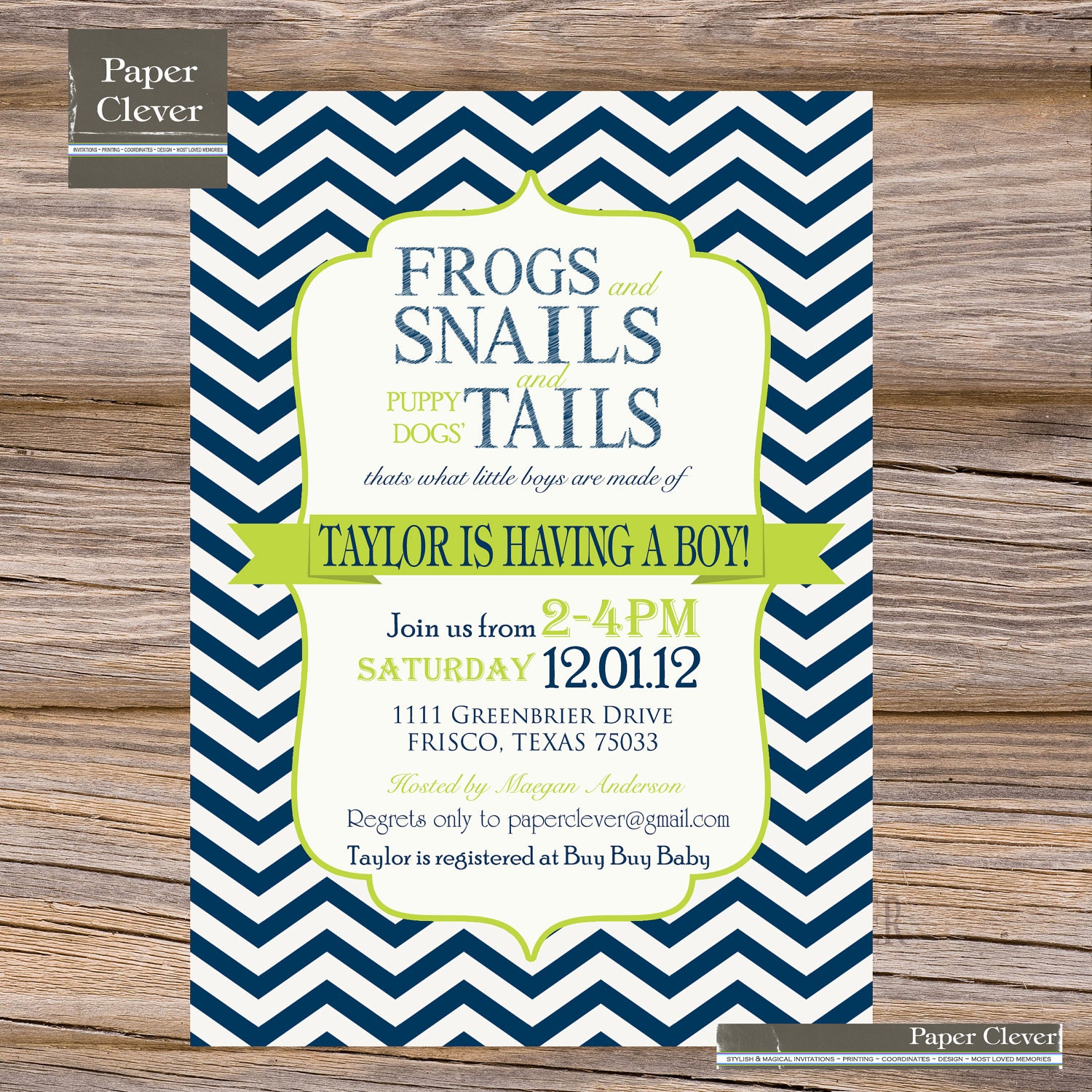 Boys Baby Shower Invitation frogs snails & puppy chevron stripe - printable,digital Il_570xn