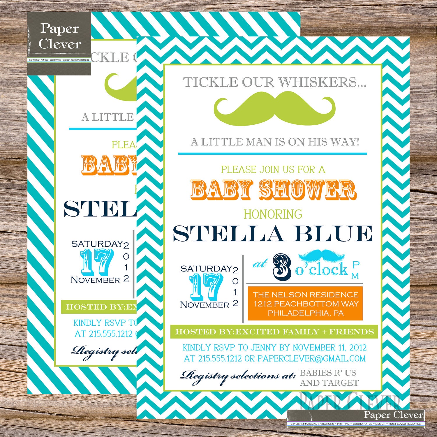 Boys Baby Shower Invitation in Modern Chevron Stripe- teal,orange and aqua-digital file, printable Il_570xn