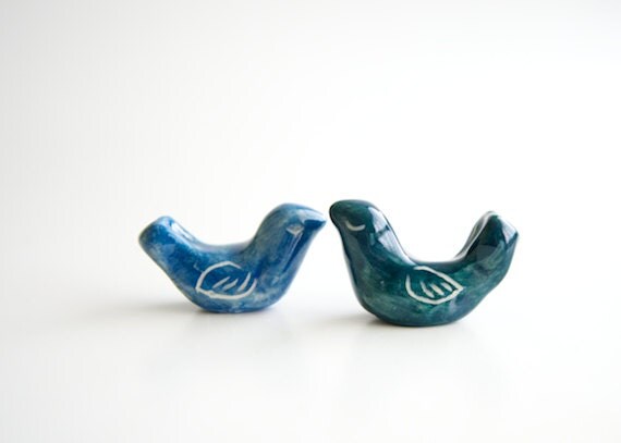 Lovebirds- Ceramic Cake Topper in Teal and Blue by RossLab- Set of Two