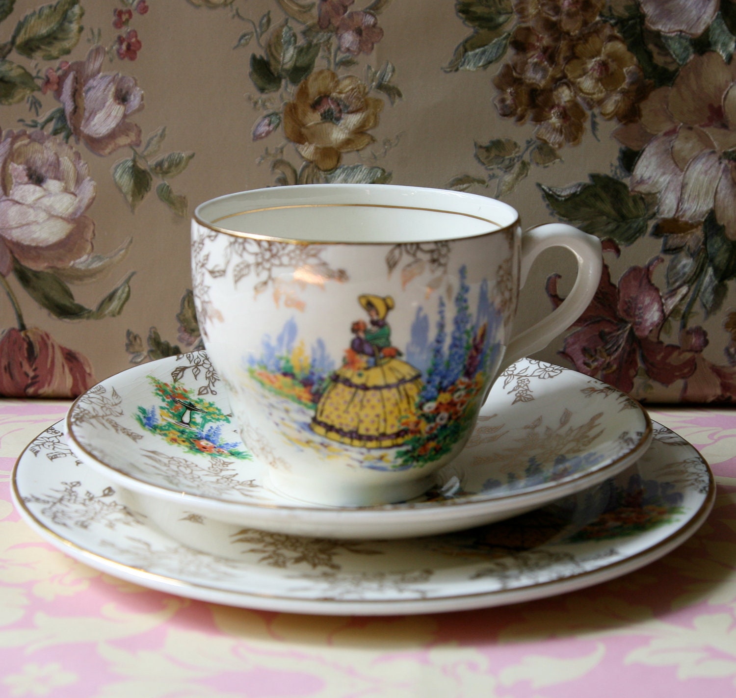 1950s Famous Crinoline Lady Vintage Royal Harvey Teacup Trio, Pale Gold