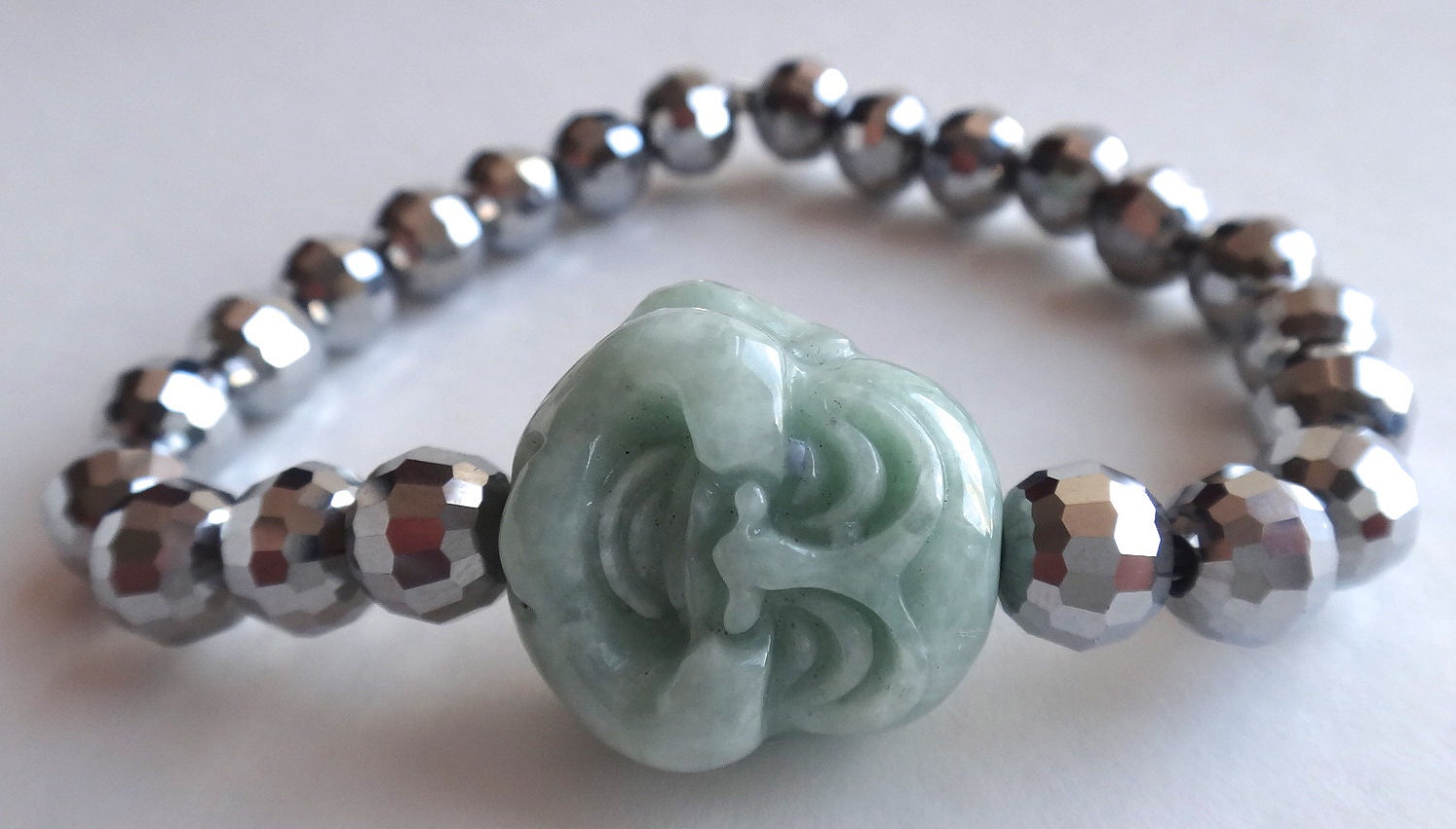 Silver Faceted Beaded Bracelet with Jade Green Buddha