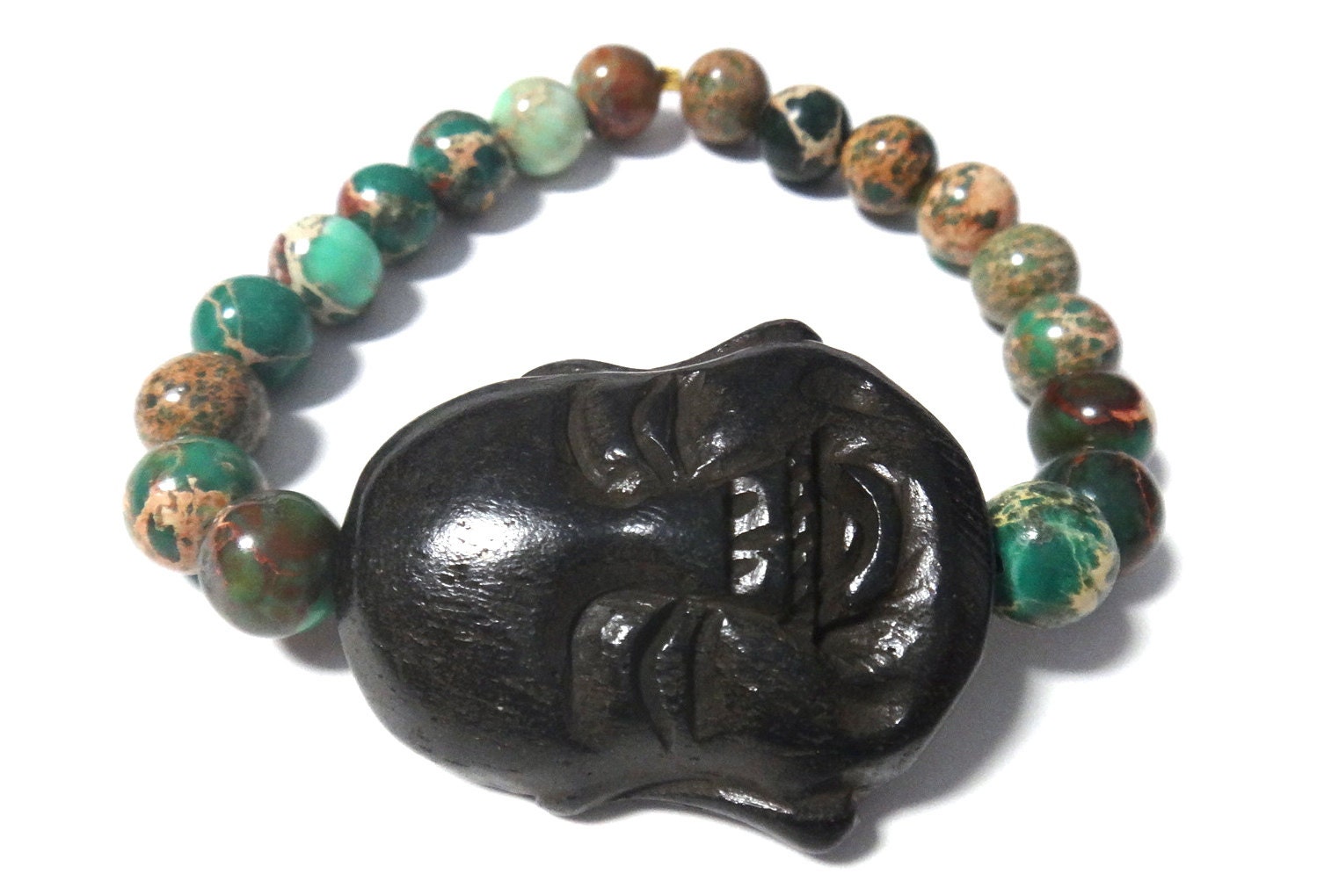 Green Magnesite Beaded Bracelet with Brown Carved Buddha