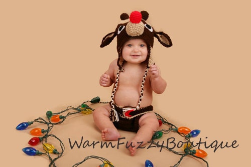 Baby Rudolph Reindeer Hat & Diaper Cover Set Outfit - Newborn Beanie Boy Girl Costume Christmas Thanksgiving Photo Prop Cap Winter
