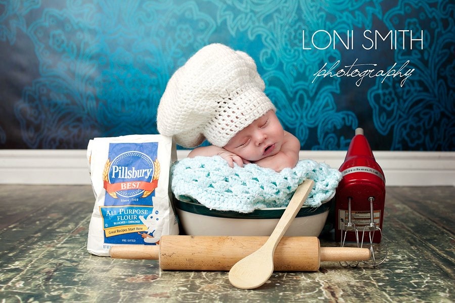 Baby White Chef Hat - Crochet Newborn NB Beanie Boy Girl Costume Halloween Thanksgiving Photo Prop Cap Winter Outfit