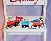 Children's Flip Step Stool Bench - Trains - Hand Painted and Personalized