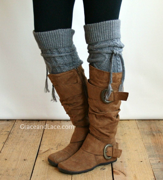 SALE Alpine Thigh High Slouch Sock - Mid Grey thick cable knit socks w/ fold over cuff and tassel tie - boot sock leg warmer (item no. 6-10)