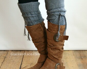 SALE Alpine Thigh High Slouch Sock - Mid Grey thick cable knit socks w/ fold over cuff and tassel tie - boot sock leg warmer (item no. 6-10)