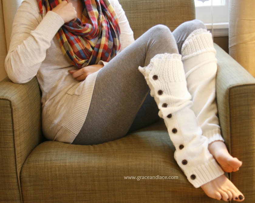 The Miss Molly - off-white Slouchy Button Down LEG WARMERS w/ Ivory Knit Lace - Legwarmers (item no. 7-16)