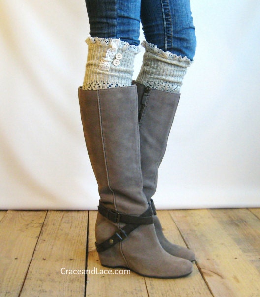 The Lacey Lou Natural Open-work Leg Warmers with ivory knit lace trim & buttons - Legwarmers (item no. 3-14)
