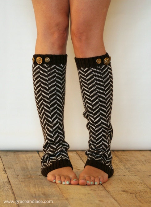 Chevron Crest : BROWN Chevron Leg warmers with assorted antique gold metal buttons (item no. 1-3)