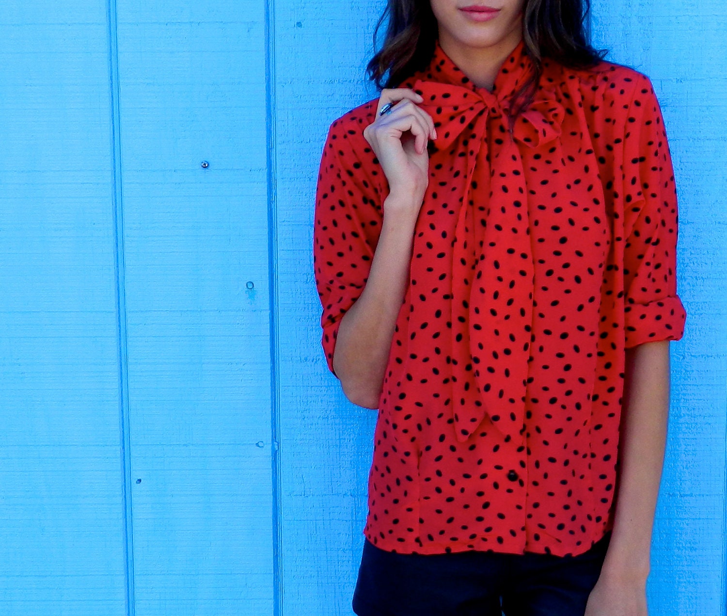 Vintage  Handmade Blouse Polka Dot Red and Black Pussy Bow Blouse ONE OF a KIND