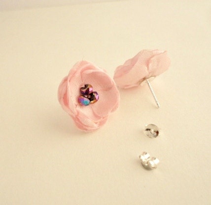 Pink Fabric Earrings, Pastel Flower Studs, Bridal Jewelry, Bridesmaid Gift, Small Fabric Flowers, Soft Pale Pink Satin