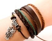 Brown Braided Leather mixed Rope and wood Beaded With Silver OWL Charm Bracelet