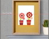 Original Red and Pink Flowers in a Pot Art Print Home Decor Living Room Colorful Stripes Wall Design Interior Graphic Artwork Furnishing