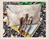 Brown/tan leather clutch bag, double lined leather clutch with brown fringe on front, envelope leather clutch by torn to pieces