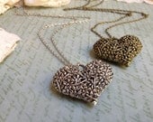 Floral Filigree Heart Pendant Necklace - Antique Brass/Silver - Choose Your Length