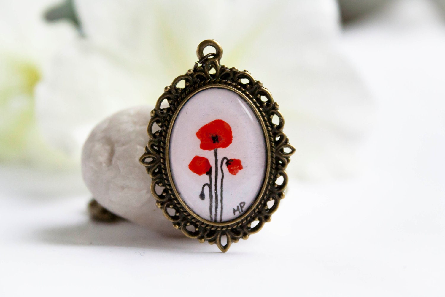 Hand painted poppy necklace - Poppies - Original OOAK watercolour