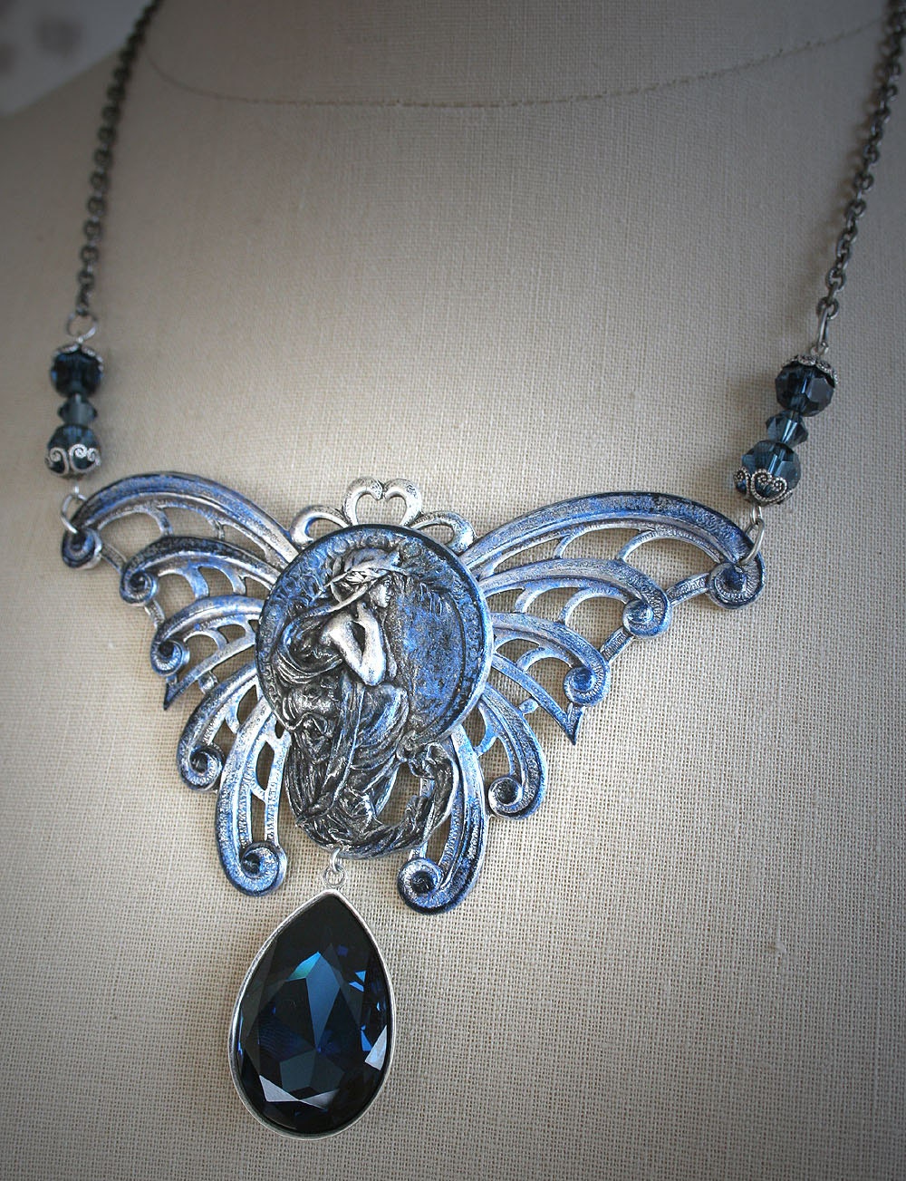 MIDNIGHT DREAMING romantic vintage fantasy inspired aged silver butterfly fairy art nouveau necklace, free earrings