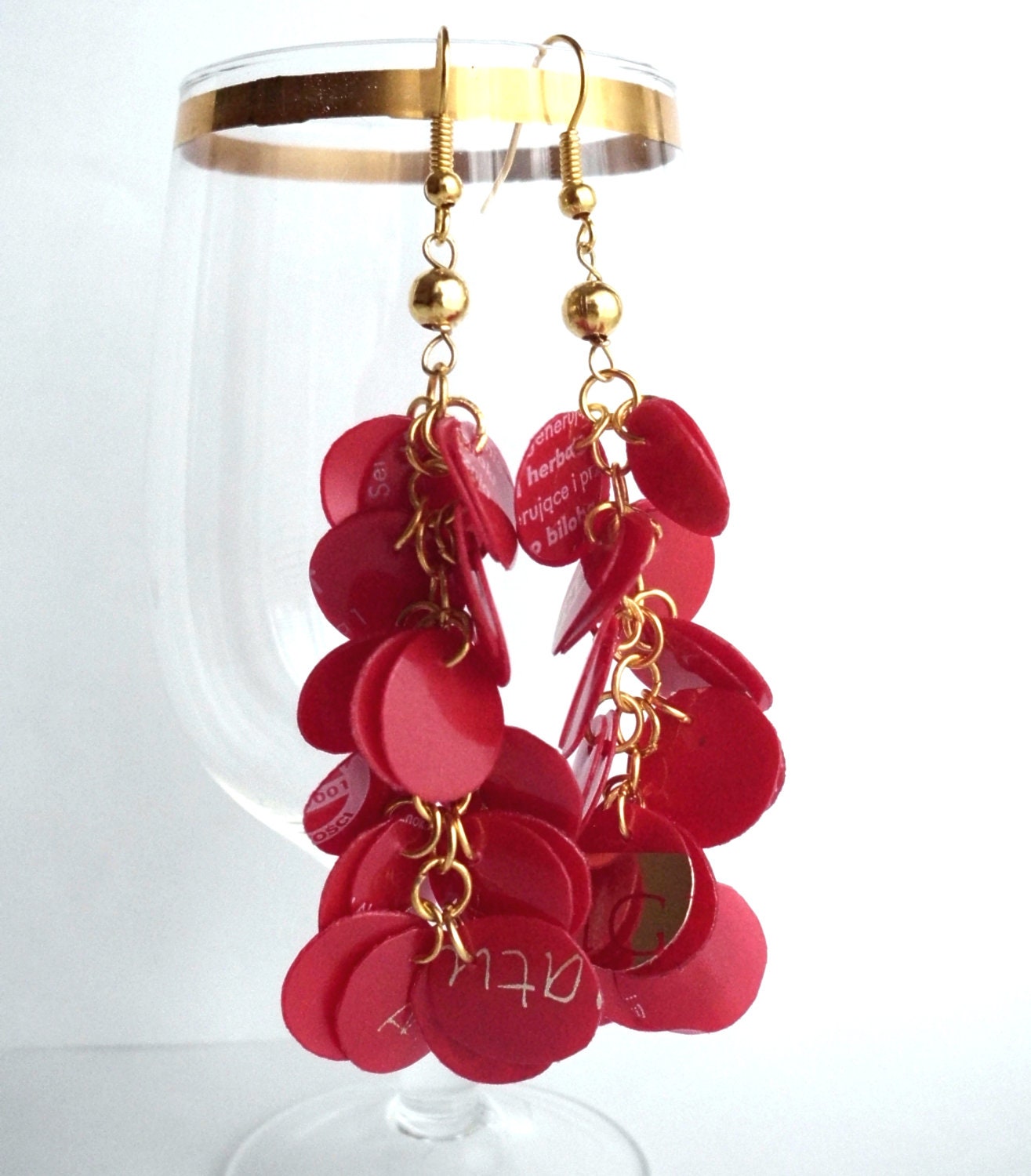 Red & gold eco friendly earrings made of recycled plastic - upcycled jewelry, sustainable, gift for christmas, valentine's day - dekoprojects