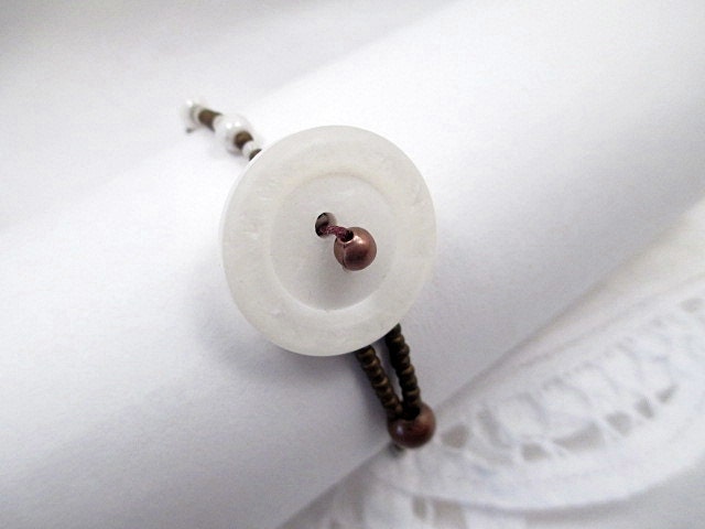 Button Bracelet Hand Beaded Jewelry Handmade Seed Bead Bracelet Recycled Vintage Button