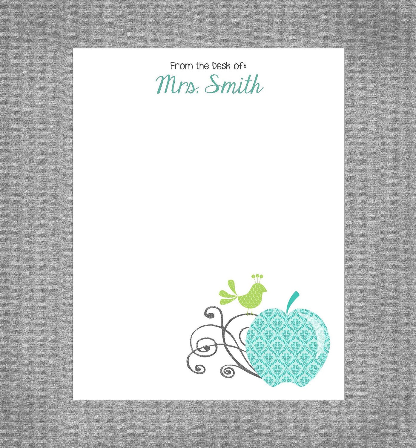 Personalized Custom Notepads - From the Desk of: Teacher Notepads Teal Apple with Lime Green Bird