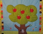Forest Scene, Patchwork  Baby Quilt, Large apple tree with Racoon peeking from the tree, Bright happy quilt