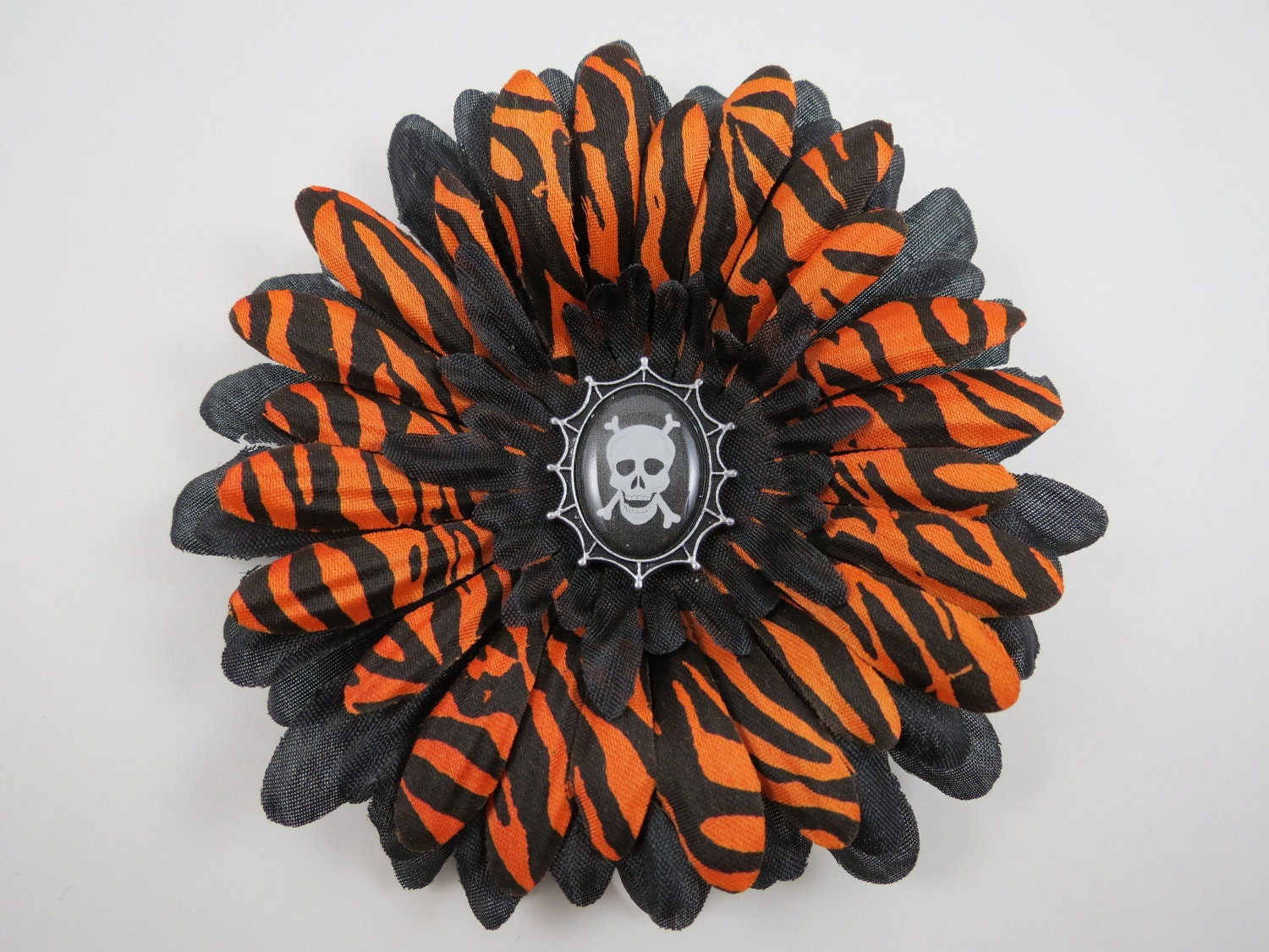 Skull Flower Hair Clip - Halloween Hair Bow - Orange and Black Hair Bow - Skeleton Hair Clip
